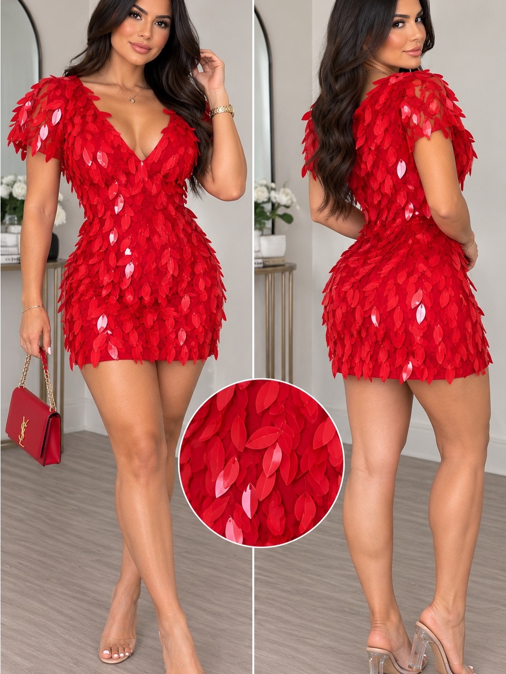Red Sequin Leaf Mini Dress - Women's V-Neck Party Dress